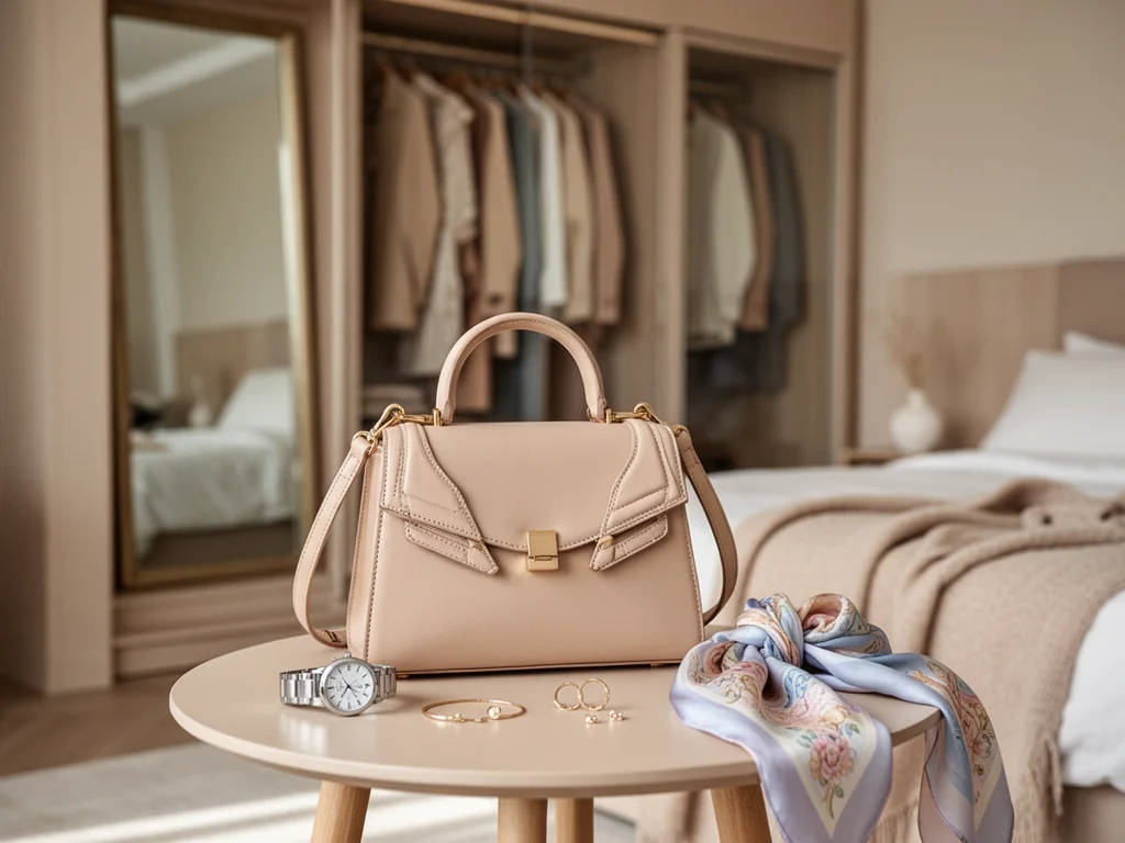 Elegancka torebka z dodatkami na stoliku przed garderobą, ilustrująca dobór akcesoriów do stylizacji na różne okazje