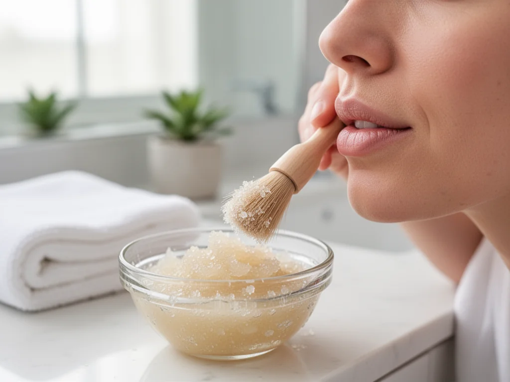 Delikatny peeling ust szczoteczką i cukrowym scrubem, pokazany jako przykład bezpiecznej pielęgnacji ust.