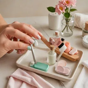 Zbliżenie oka z naturalnymi rzęsami i czystą szczoteczką tuszu, podkreślające prawidłową pielęgnację bez błędów