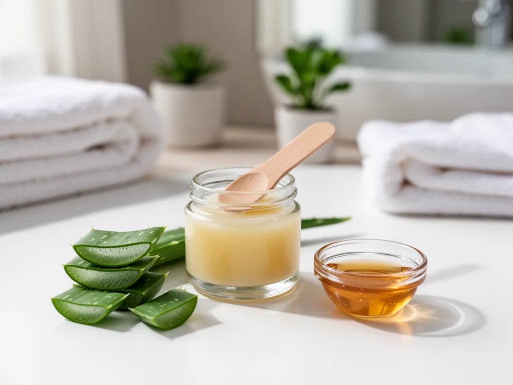 Naturalny balsam do ust w słoiczku z aloesem i miodem, prezentujący domowy sposób na codzienne nawilżanie ust.