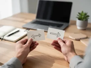 Uśmiechnięta kobieta przymierza eleganckie okulary w salonie optycznym, stojąc przed lustrem w ciepłym, przytulnym wnętrzu.