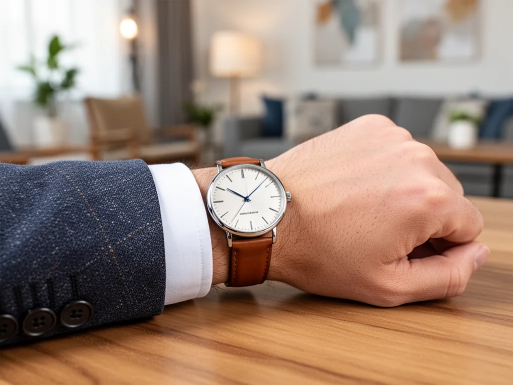 Elegancki zegarek na skórzanym pasku dopasowany do smart casual stylizacji w przytulnym, nowoczesnym wnętrzu.