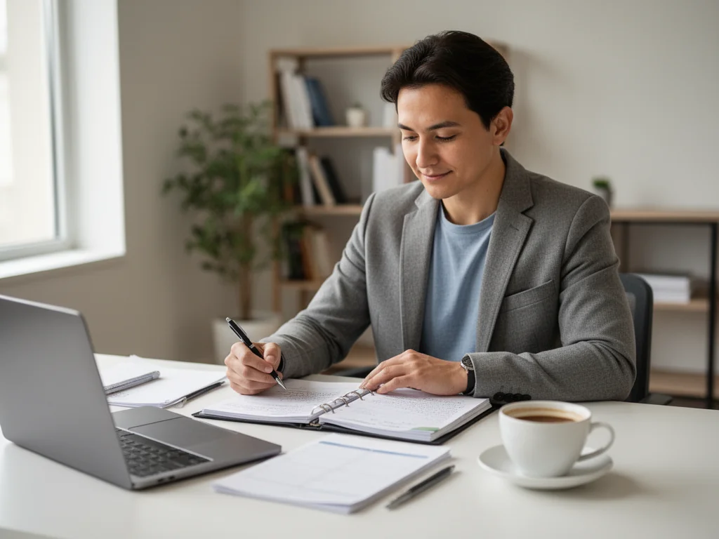Osoba pewna siebie przy biurku przegląda notatki i planer, przygotowując się do ważnego spotkania w spokojnym biurze.