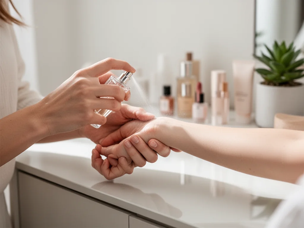 Kobieta psika perfumy na nadgarstek, zbliżenie na elegancki flakon, jasne, minimalistyczne otoczenie podkreśla gest.