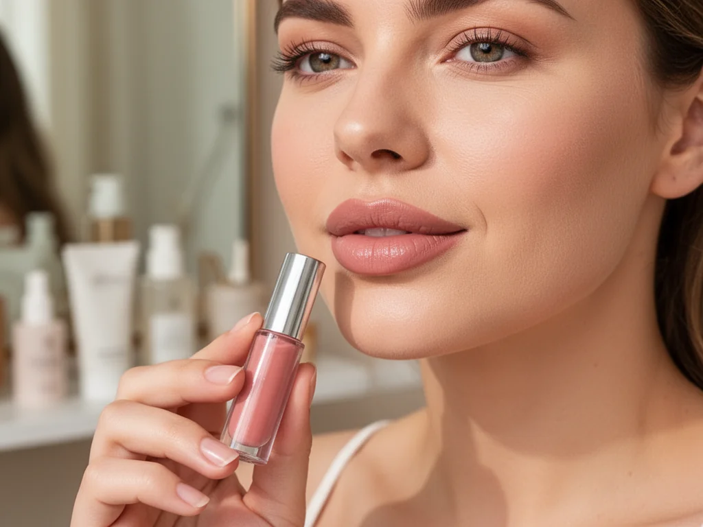 Kobiece, naturalnie pełne usta z delikatnym makijażem, trzymające serum do ust, podkreślające efekt zabiegu powiększania.