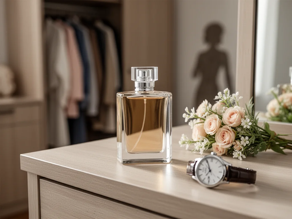 Elegancki flakon perfum na toaletce obok kwiatów i zegarka, w ciepłej, przytulnej aranżacji garderoby.