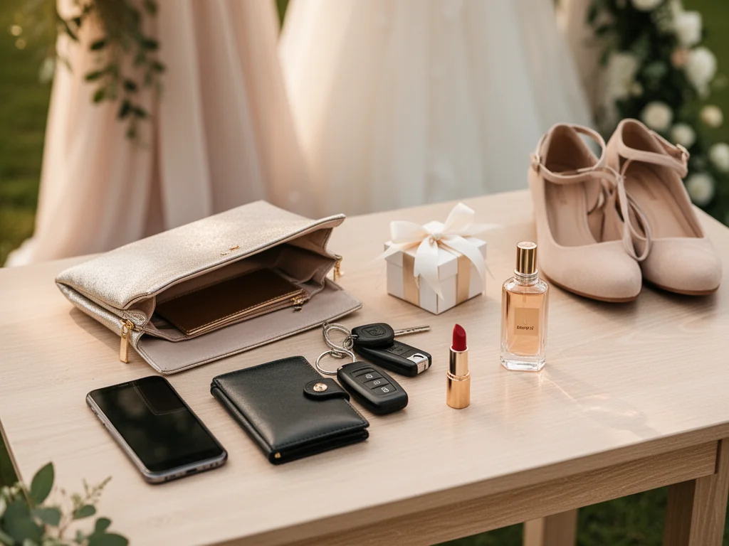 Eleganckie akcesoria gościa weselnego ułożone na stole: torebka, buty, telefon, klucze, portfel, prezent, perfumy, pomadka