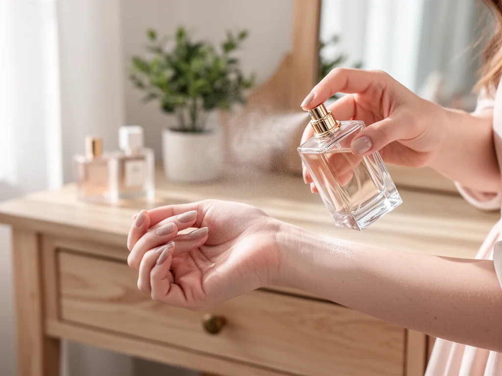 Dłoń kobiety spryskująca nadgarstek perfumami z eleganckiego flakonu, delikatna mgiełka zapachu w jasnym, miękkim świetle