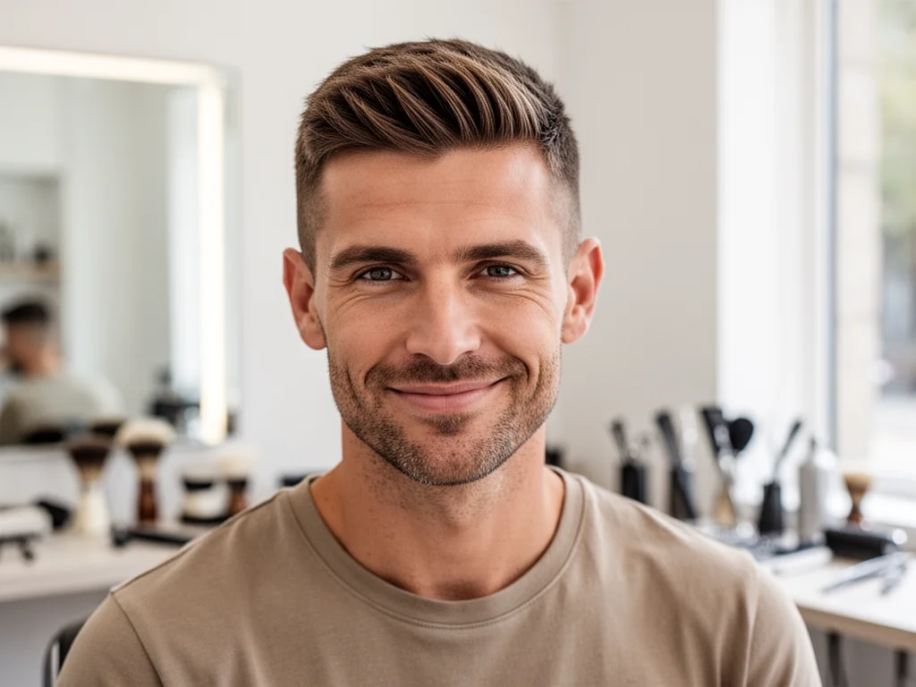 Mężczyzna z krótką, nowocześnie wystylizowaną fryzurą w jasnym barber shopie, podkreślenie tekstury i kształtu cięcia.