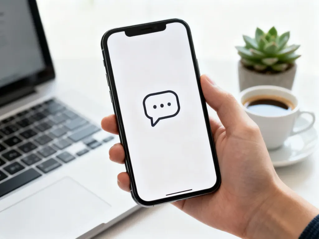 Smartfon z ikoną czatu na ekranie, leżący na biurku w jasnym biurze, symbolizujący komunikację internetową.