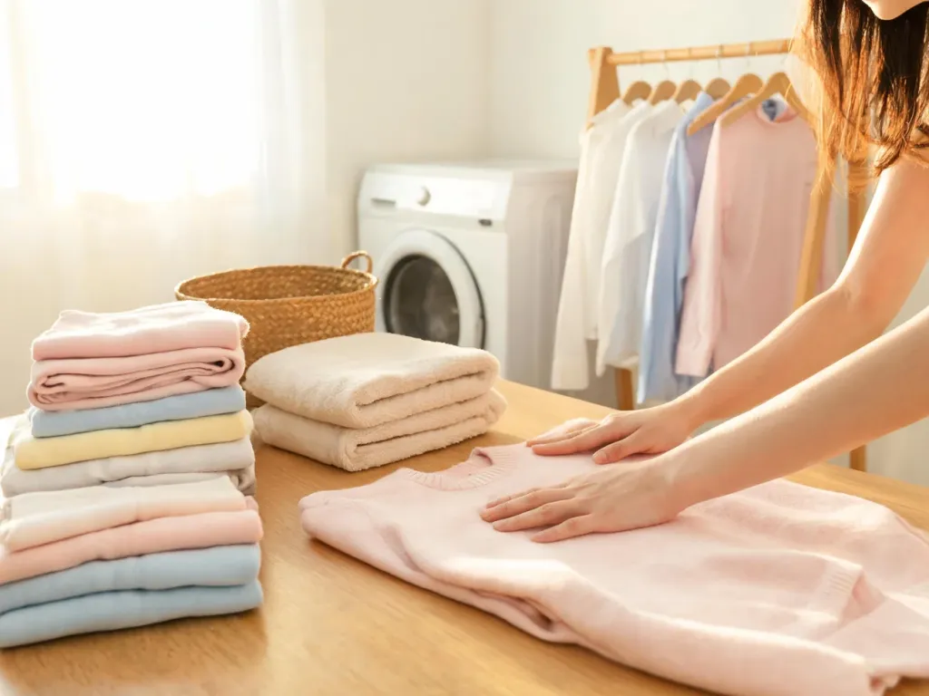 Młoda kobieta delikatnie wygładza sweter w jasnej pralni, obok równo złożone pastelowe ubrania i ręczniki.