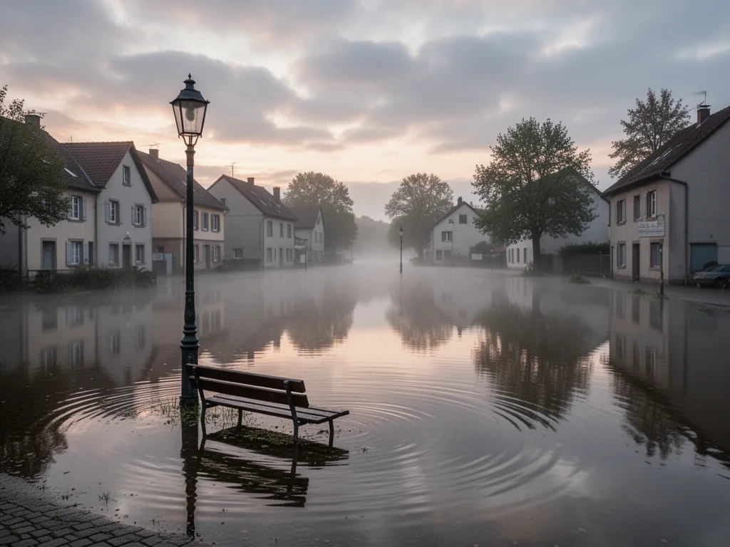 Spokojnie zalana uliczka europejskiego miasteczka o świcie, ławka i latarnia w wodzie, tajemnicza, senna atmosfera.