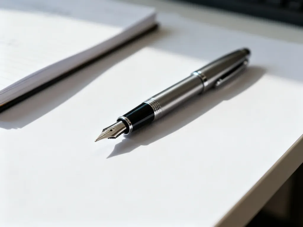 Eleganckie pióro wieczne leżące na białym biurku obok notatnika, symbolizujące staranne pisanie i dbałość o język.