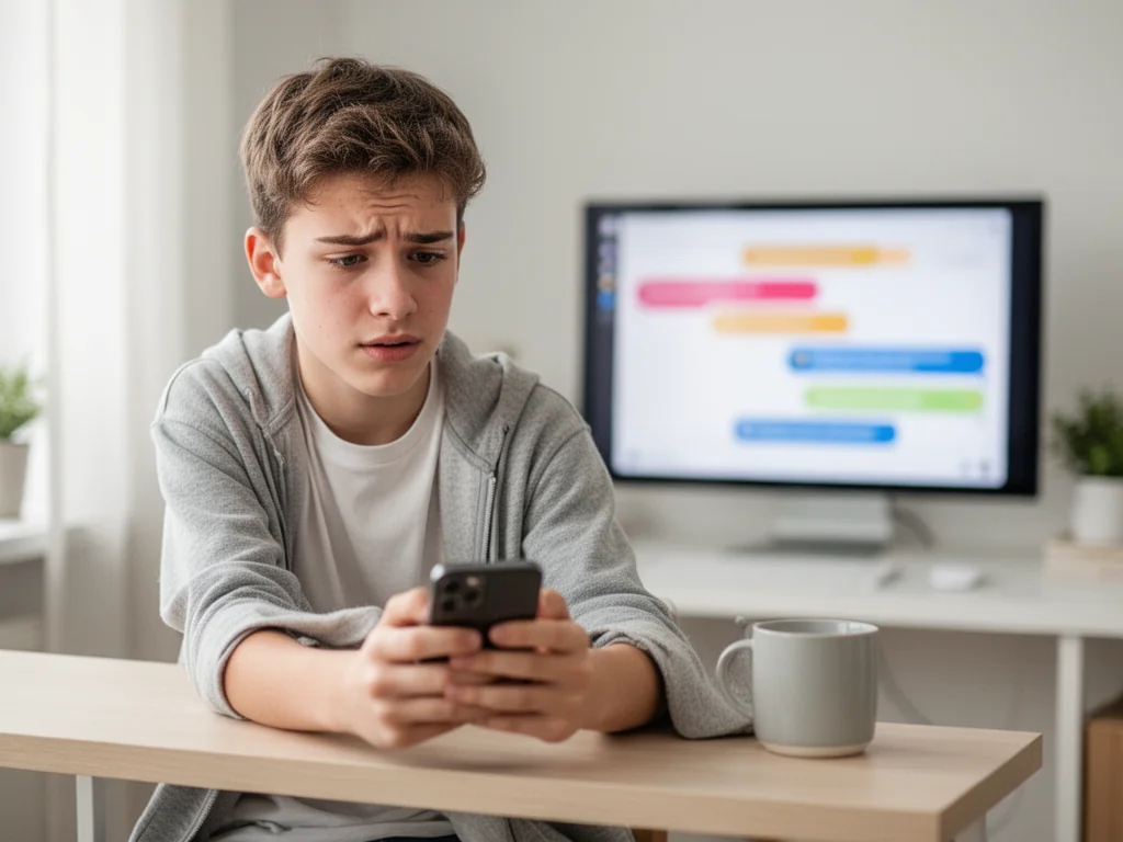 Nastolatek patrzy z lekkim zagubieniem w smartfon, sugerując zastanawianie się nad znaczeniem internetowego skrótu.