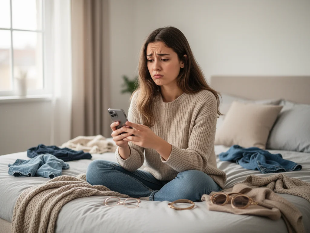 Młoda kobieta na łóżku przegląda telefon z zagubioną miną, zastanawiając się nad tym, czy jest „pick me girl”.