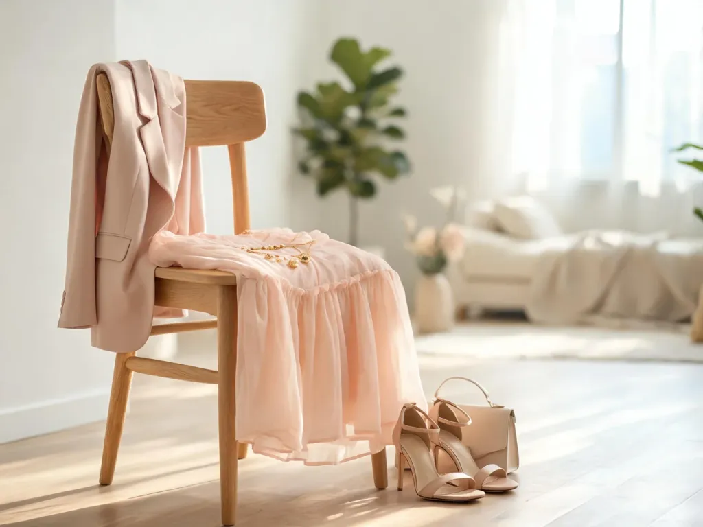 Pastelowa, elegancka stylizacja na komunię: midi sukienka, nude szpilki, mała torebka i jasny żakiet w jasnym, minimalistycznym wnętrzu.