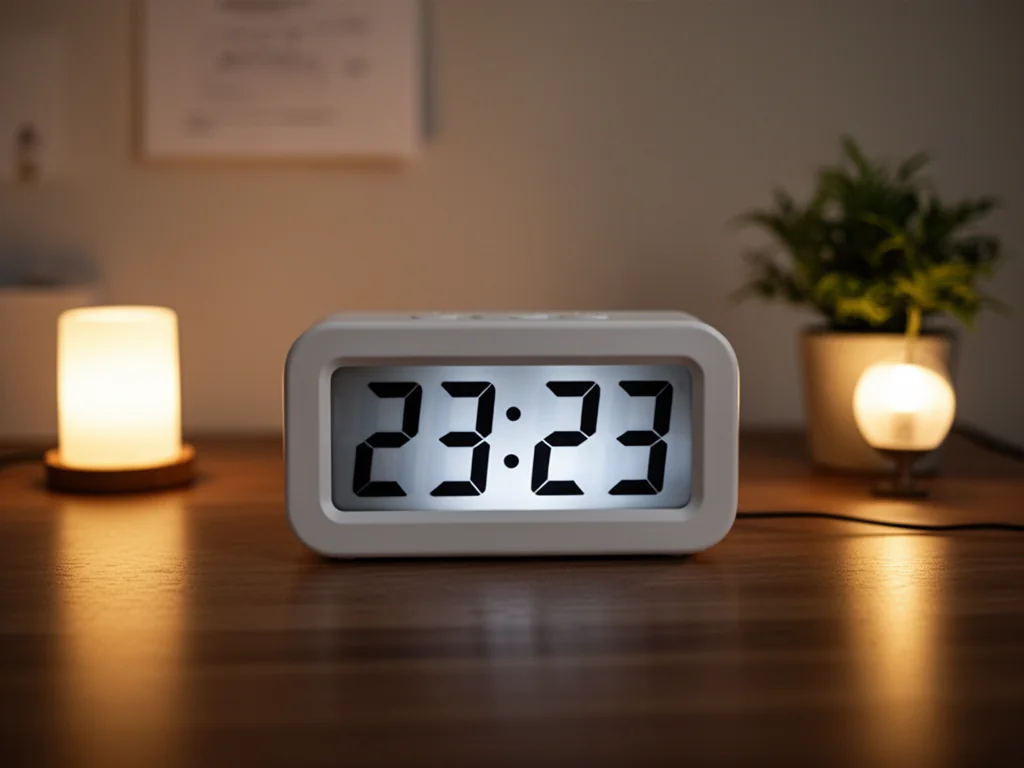 Biały cyfrowy zegar na biurku wskazuje 23:23, ciepłe światło lampki tworzy tajemniczy, spokojny wieczorny nastrój.