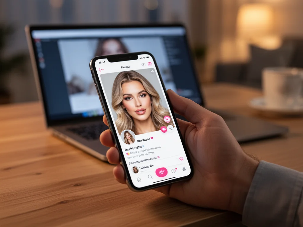 Dłoń trzyma smartfon z profilem randkowym o zbyt idealnym, wyretuszowanym zdjęciu, sugerującym internetowy catfishing.