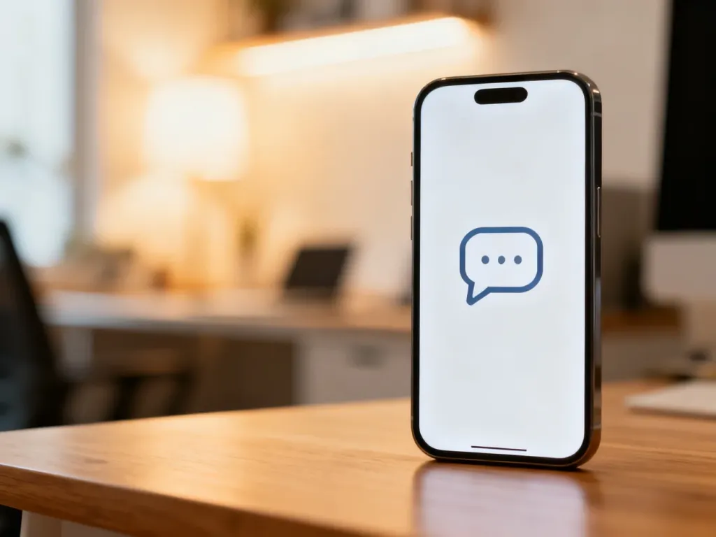 Ikona czatu na ekranie smartfona, symbolizująca komunikację w internecie i używanie skrótów takich jak „tbh”.