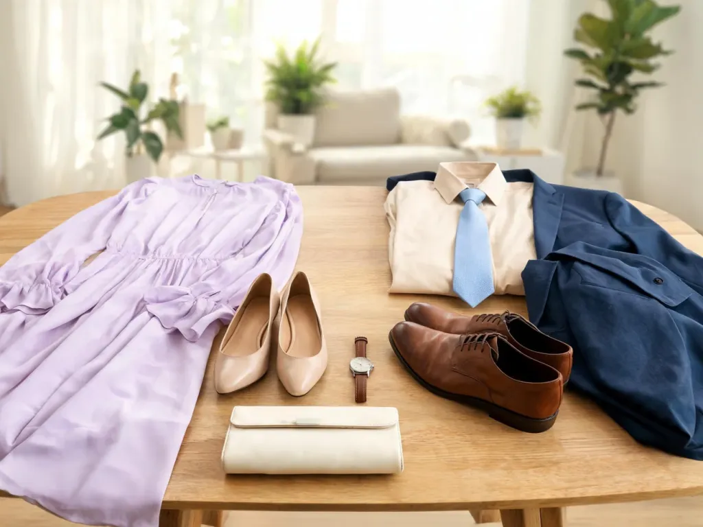 Eleganckie stylizacje na chrzciny: pastelowa sukienka, męska marynarka z koszulą i krawatem, buty, kopertówka i zegarek.