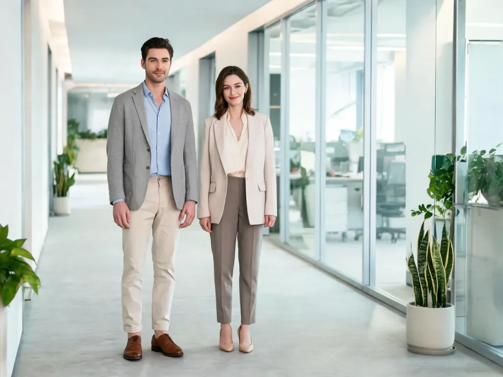 Elegancka para w smart casual w nowoczesnym biurze, prezentująca przykład schludnego, profesjonalnego ubioru do pracy