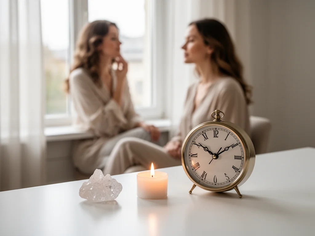 Minimalistyczne biurko z kryształem, świecą i zegarem, w tle kobieta przy oknie zadumana nad duchowym przesłaniem liczby 999