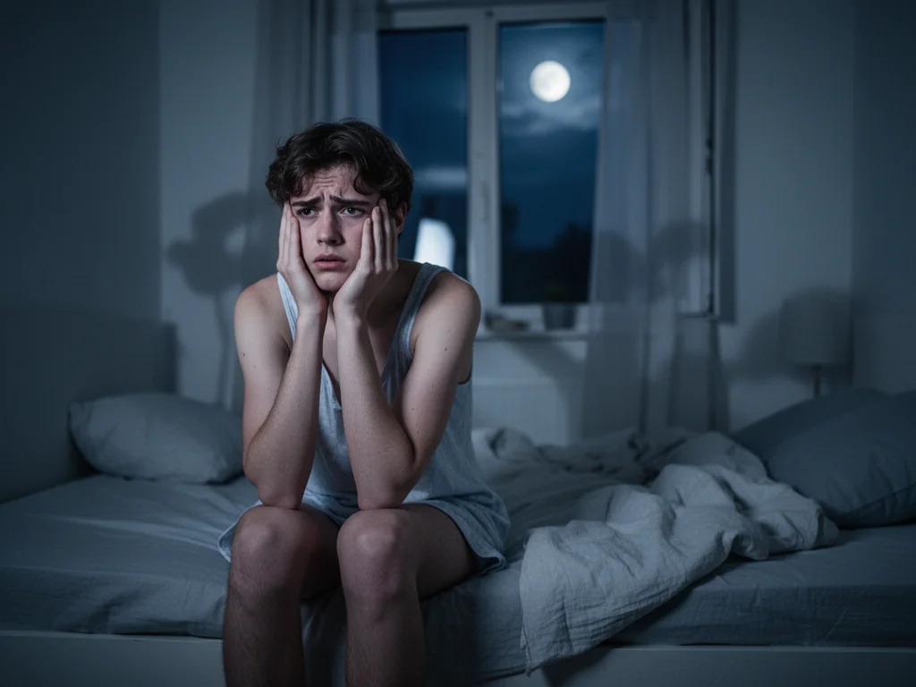 Zamysłony młody człowiek na łóżku w nocnej sypialni, zmartwiony i bezsenny, pogrążony w ciężkich, niepokojących myślach.