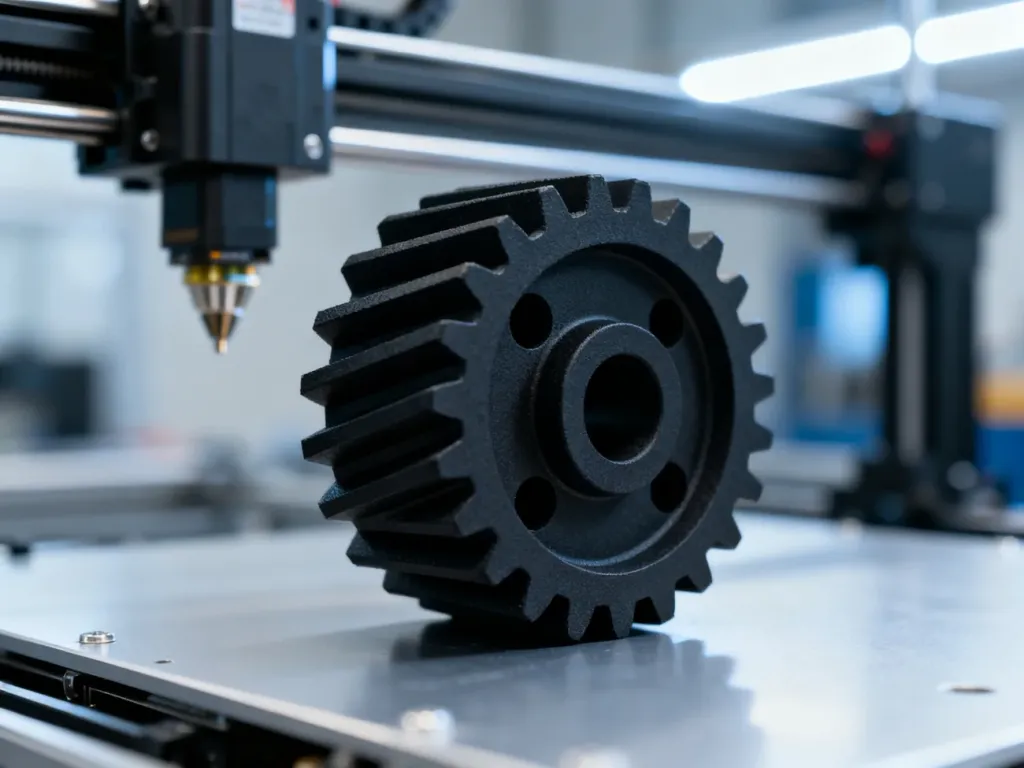Czarne koło zębate wydrukowane w technologii 3D z wytrzymałego tworzywa ABS na tle profesjonalnej drukarki.
