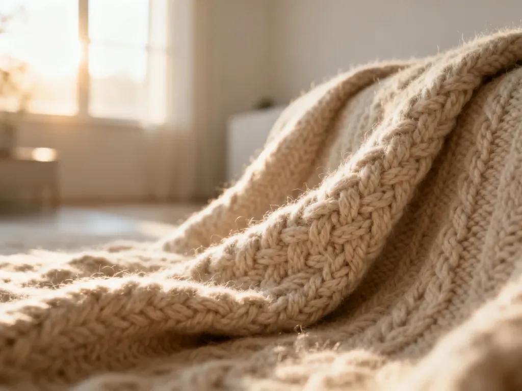 Zbliżenie na miękką, beżową dzianinę wełnianą o wyraźnym splocie, podkreślające naturalną strukturę materiału.
